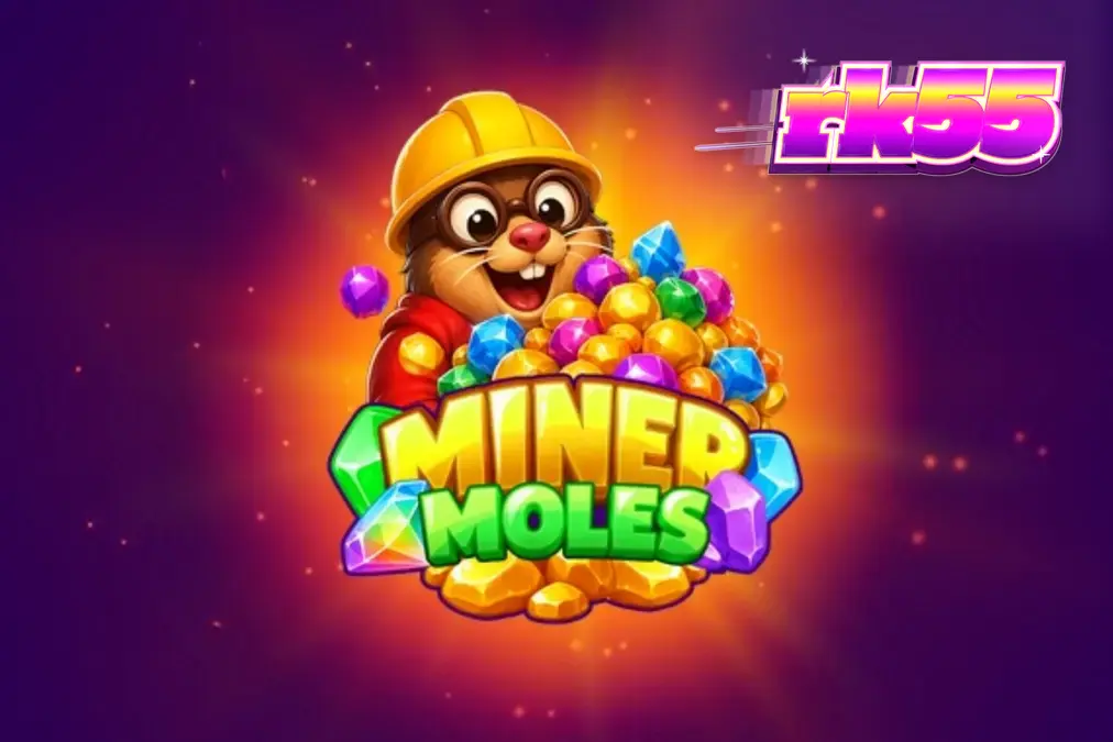 Tampilan visual slot Miner Moles dengan tema gua tambang dan karakter tikus tanah.